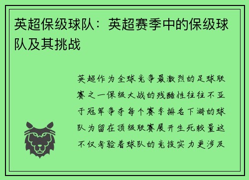 英超保级球队：英超赛季中的保级球队及其挑战